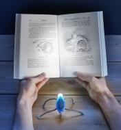 A BugLit rechargeable LED micro-flashlight perched on its flexible wire legs to aim at a book