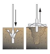 Illustration shows the wings unfolding as the aerating tool is pulled out of the compost