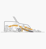 Illustration of sweeper sweeping up debris that is deposited in the container at the back