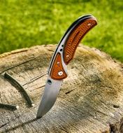 Frame-lock folding knife stuck point-first in a stump