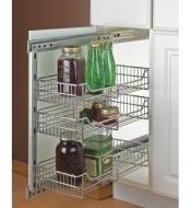 10" small side-mount pullout installed in a cabinet, holding jars and bottles