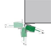 Illustration shows top view of hose reel mounted to corner of house, swiveling 180°