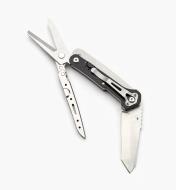 Multi-tool open to show belt clip, knife and scissors