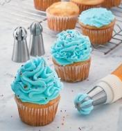 Examples of cupcakes decorated with the ball piping tips