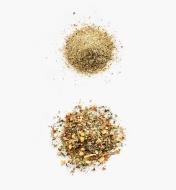 Pile of finely ground spices next to a pile of coarsely ground spices to show range