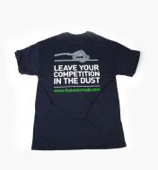 Back of shirt with image of circular saw and "Leave your competition in the dust" printed in large letters