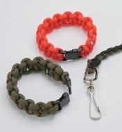 Examples of buckles and a swivel clasp used to make paracord projects