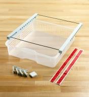 Wide hanging storage drawer ready to install with clips or included tape strips