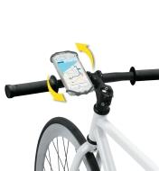 Téléphone sur un support fixé au guidon d'un vélo et flèches indiquant qu'il peut pivoter sur 360°