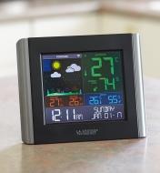 Wi-Fi weather station display sitting on a countertop