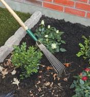 Raking in leaves in a garden with the Lee Valley Bed Rake
