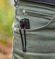 Personalized knife clipped into pants pocket