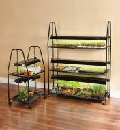 Two-tier and three-tier Floralight Grow-Light Stands with various plants growing on the tiers