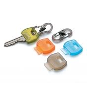 Set of 4 IdentiKey Covers & 2 Hooks, with one cover and hook attached to a key