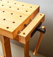 Closer view of the Sjöbergs apartment workbench’s end vise showing the double guide rods
