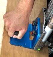 A BigFoot base support bracket mounted on a Domino joiner for vertical mortising