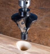 Countersink drilling into a log