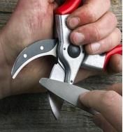 Sharpening the blade of a Felco #2 pruner using the sharpener included in the set