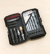All components of the 25-piece drill, drive and plug set held in their molded plastic storage case
