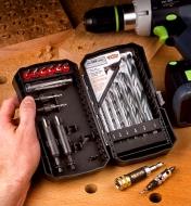 Preparing to countersink screws with the chuck and drill/driver from the drill, drive and plug set