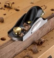Veritas Low-Angle Block Plane sitting on a board held in a vise