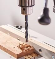 A utility brad-point bit being used to drill a hole in a wooden workpiece on a drill press table