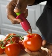 Personne enlevant la queue d'une tomate à l'aide de l'équeuteuse à fraises