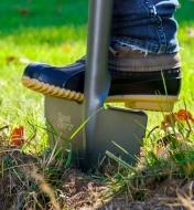 Driving a root-cutter lawn edger into the ground by pressing a foot against the blade’s folded step