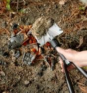 Transferring soil using the folding shovel to snuff out a campfire