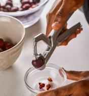 Squeezing the handles of the olive and cherry pitter