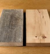 Planche de bois brut voilée à gauche; planche lisse et plane à droite