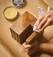 Applying Walrus Oil furniture wax to a wooden pen holder