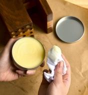 Coating a soft cloth with Walrus Oil furniture wax