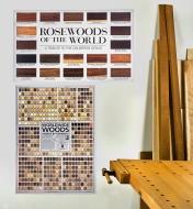 Affiches Worldwide Woods et Rosewoods of the World posées au mur d'un atelier