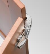 A cabinet door with a Blum standard 155° zero-protrusion soft-close clip-top overlay hinge opens to the maximum angle 