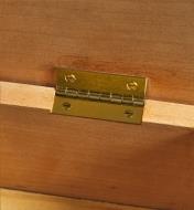 A brass hinge fastened with brass screws