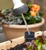 Pouring water into the inlet pipe of the self-watering raised bed kit