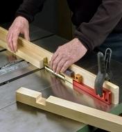 Cutting a lap joint on a table saw, using the large Kerfmaker to position the first shoulder cut