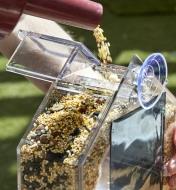 Refilling a window bird feeder by pouring seed mix into a port at the top of the feeder