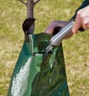 A garden hose directs water through a fill hole in the 20 gallon PVC tree watering bag