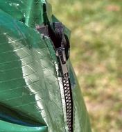 Close-up view of the resin zipper on the 20 gallon PVC tree watering bag