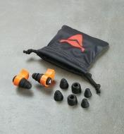 Moldable ear plugs, replaceable foam tips and storage bag from the custom ear plug kit 