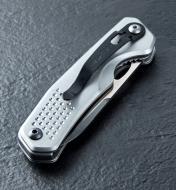 The 3-in-1 knife shown with the drop-point blade folded in the closed position