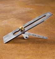 A side view of a Lee Valley replica honing guide clamped onto a plane blade