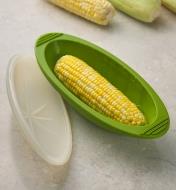 A cob of corn cooked in the medium silicone steam cooker