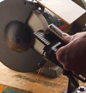 Grinding a roughing gouge edge on a 6" × 1" cool grinding wheel