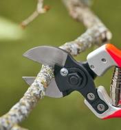 The metal plate on the Castellari double-bladed pruner protecting the base of the blades from debris build-up during a cut