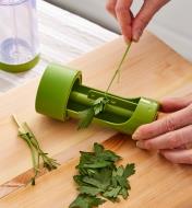 Herbs being removed from stems with a herb stripper