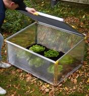 The top of the Double-Walled Cold Frame being raised, with vegetables planted inside.
