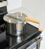 The stainless-steel Whirley-Pop popcorn popper sits on an induction stove top